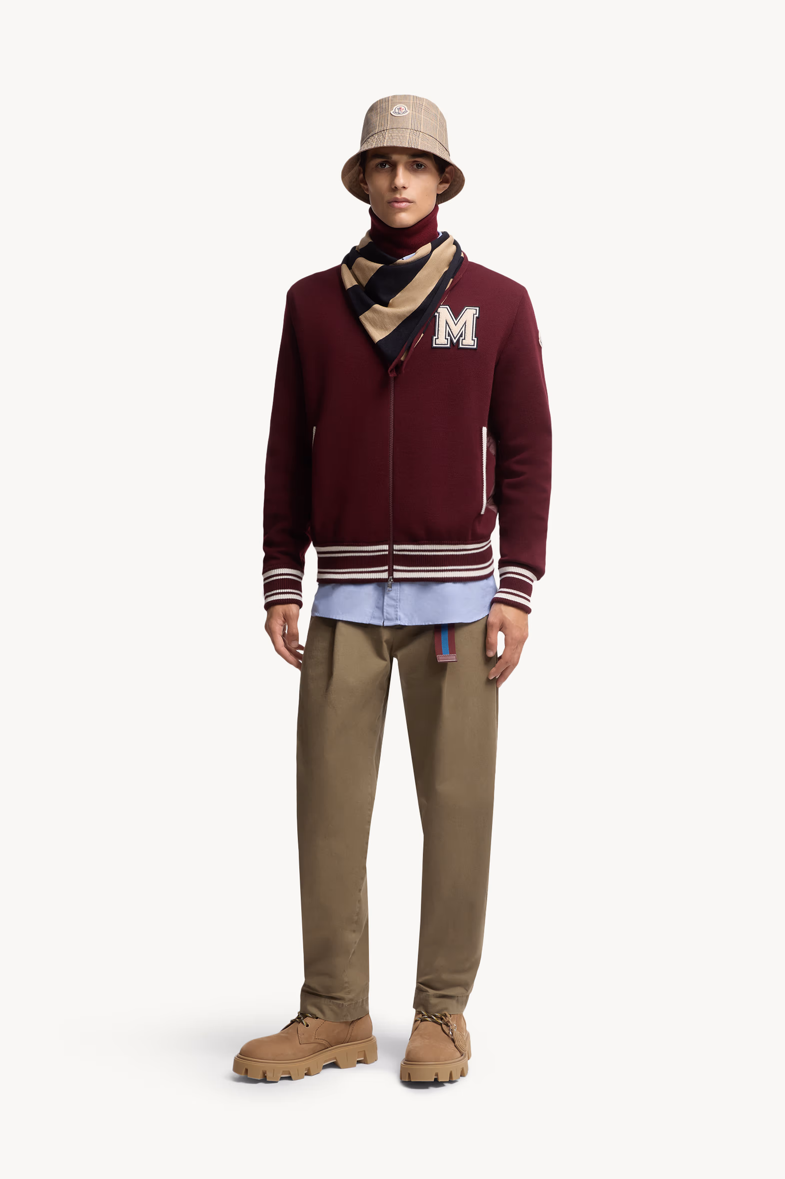 Embroidered Monogram Padded Zip-Up Wool Blend Cardigan Men Burgundy Moncler 0